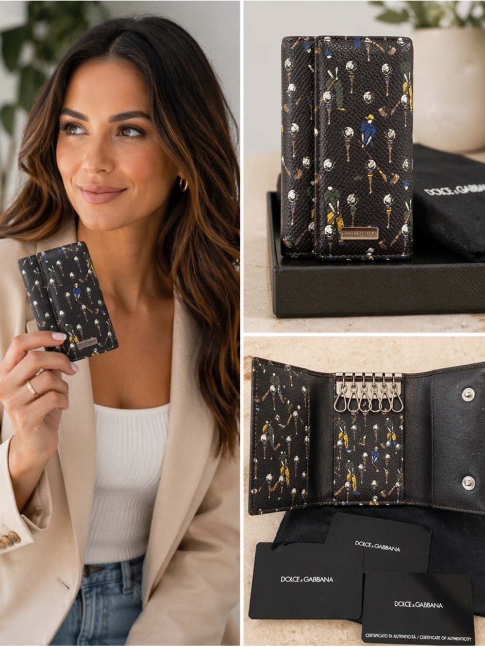 Dolce & Gabbana Leather full inclusion Black with golf print key Holder